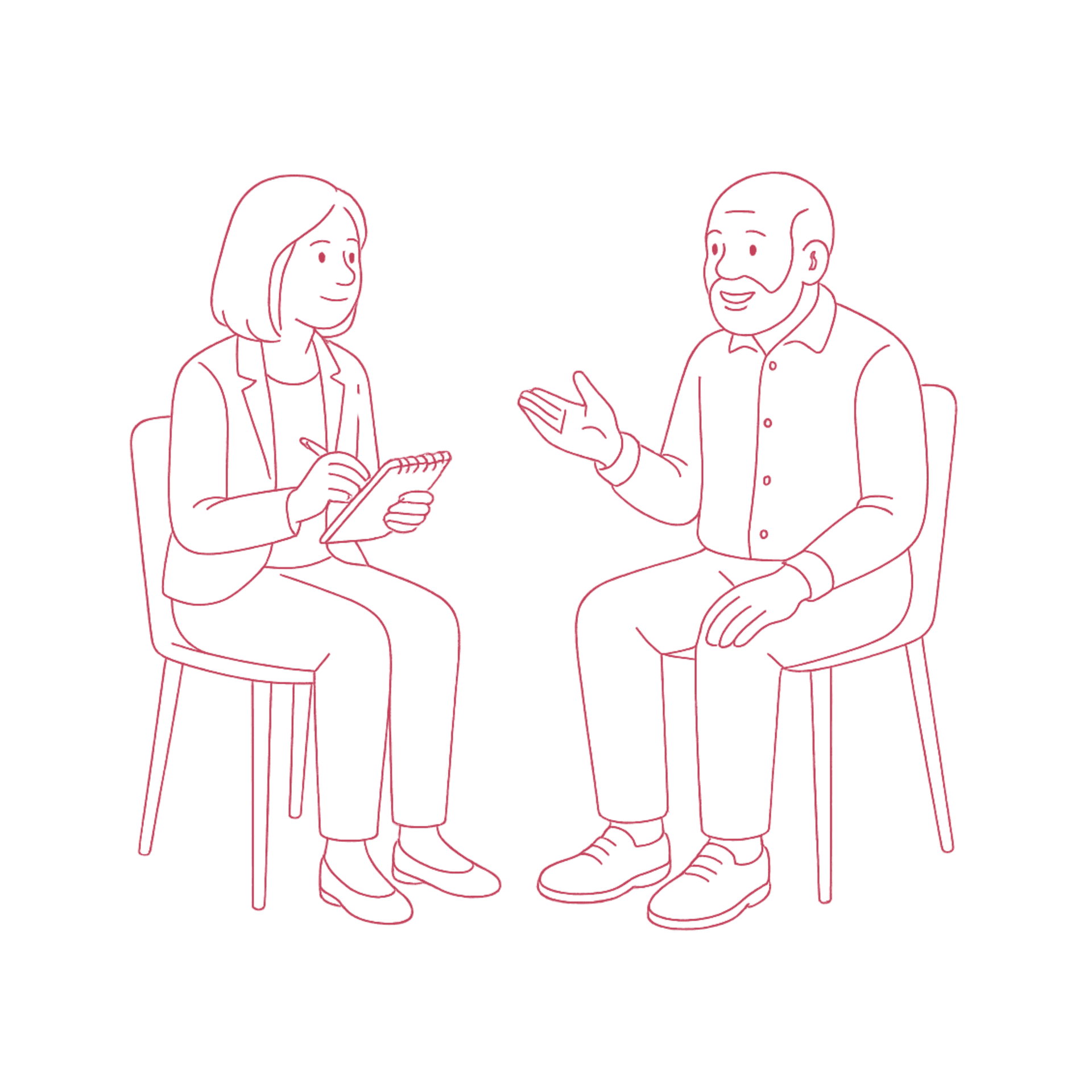 Qualitative Research service featuring a female professional taking notes while having a discussion with a male senior.