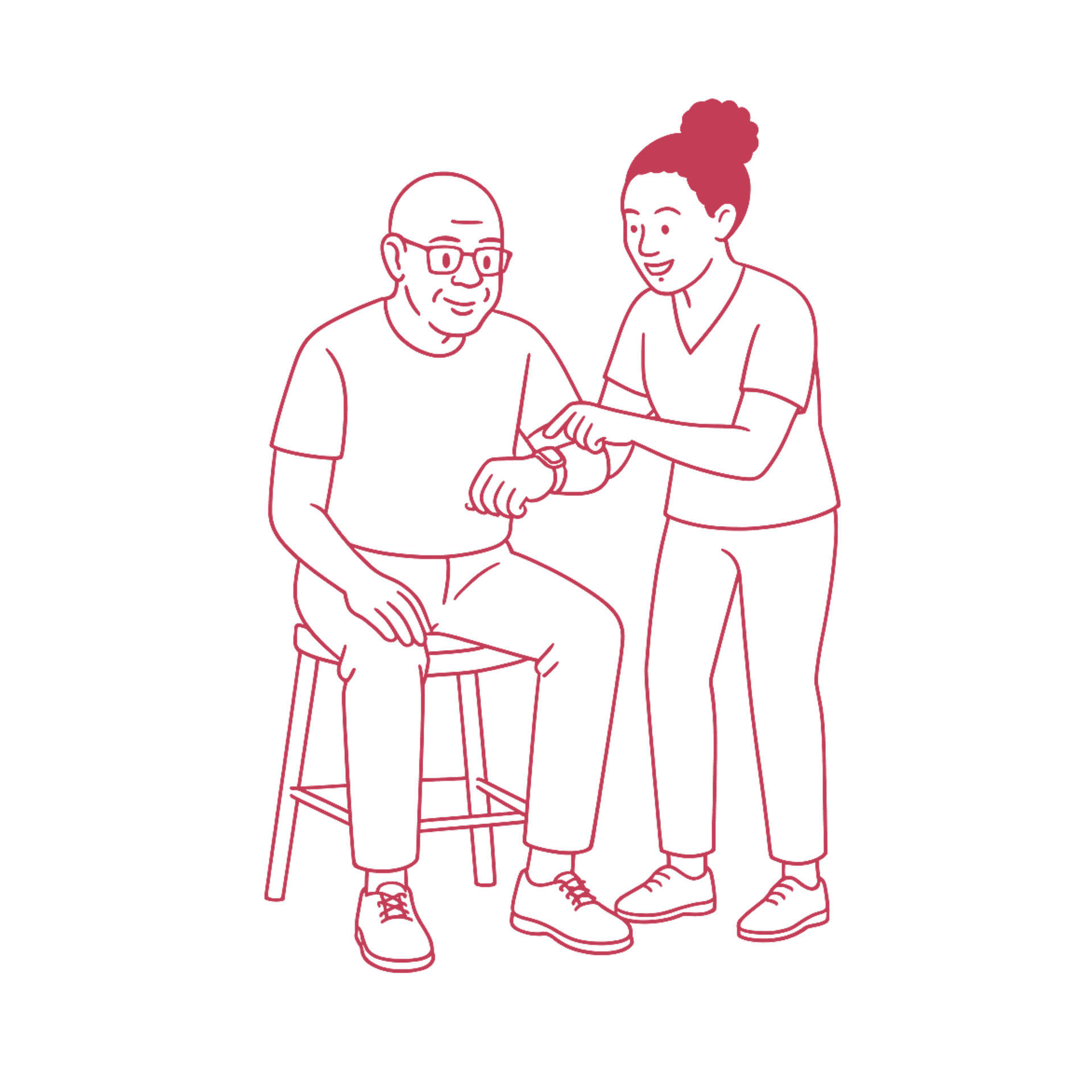 Digital Transformation & Systems Implementation Service image of elderly male sitting with a caregiver that is looking at his smart watch.