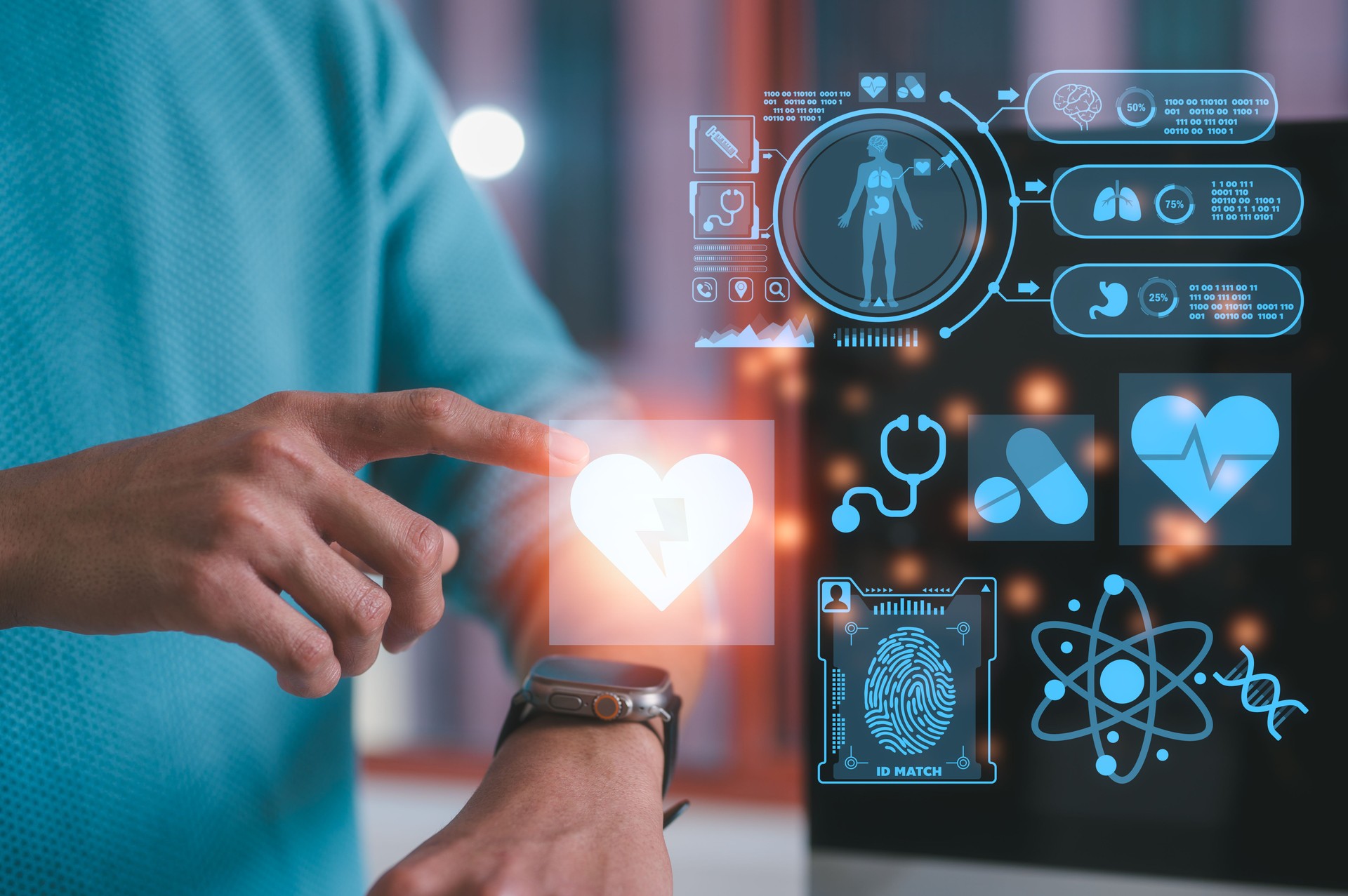 Man using smart watch, a wearable, to record exercise data  and health record