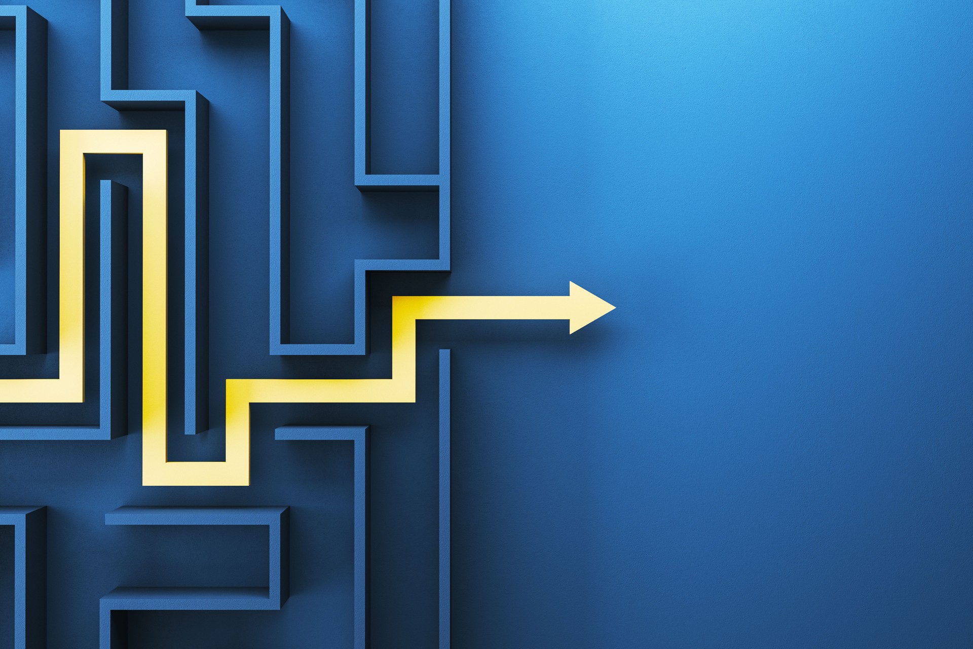 A labyrinth maze with a glowing yellow path on a blue background suggesting a concept of problem solving, leadership and strategy. 3D Rendering